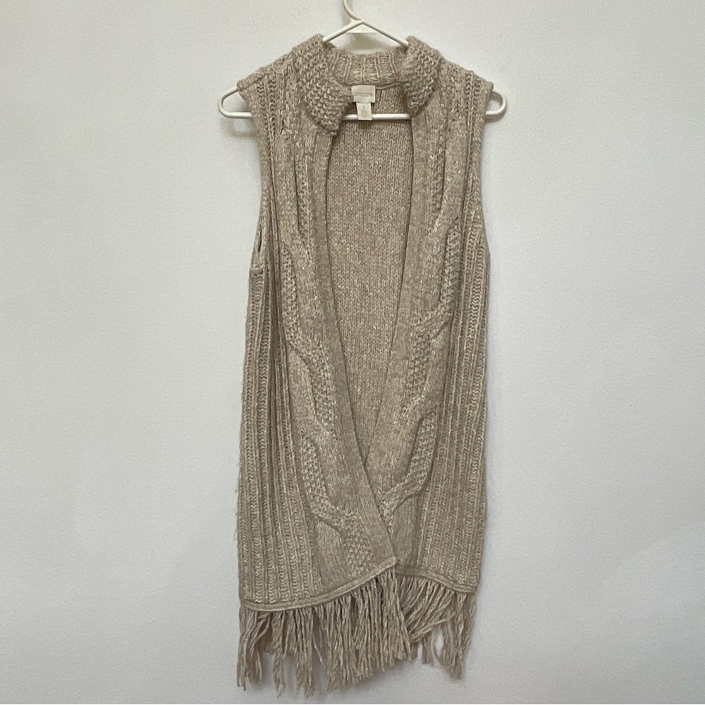 Chico's Oatmeal Cable Knit Sleeveless Duster With Fringe Size 1 US Med/8